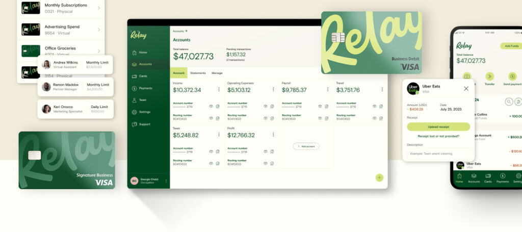 A composite image showing the Relay dashboard interface with multiple segregated business checking accounts and a mobile screen showing a detailed expense receipt upload.