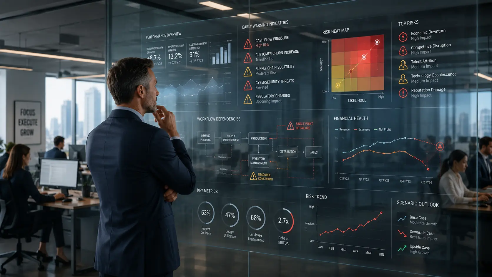 Business leader analyzing hidden operational issues and risks before they impact company performance.