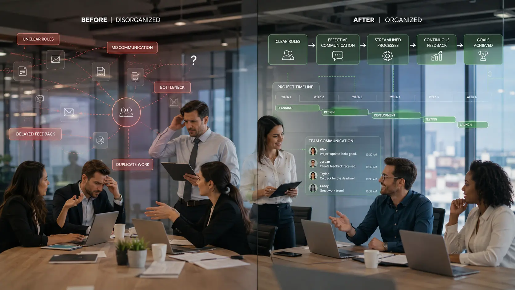 Business team managing workflows and communication processes to reduce operational friction and improve growth.